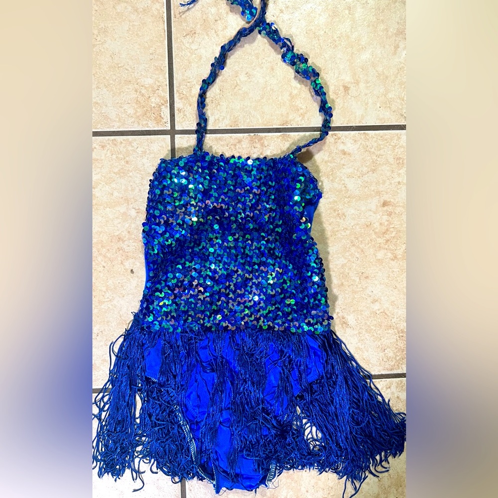Art Stone Kids Vintage 1920s Sequins Blue Beaded Tassels Dance Flapper Dress.